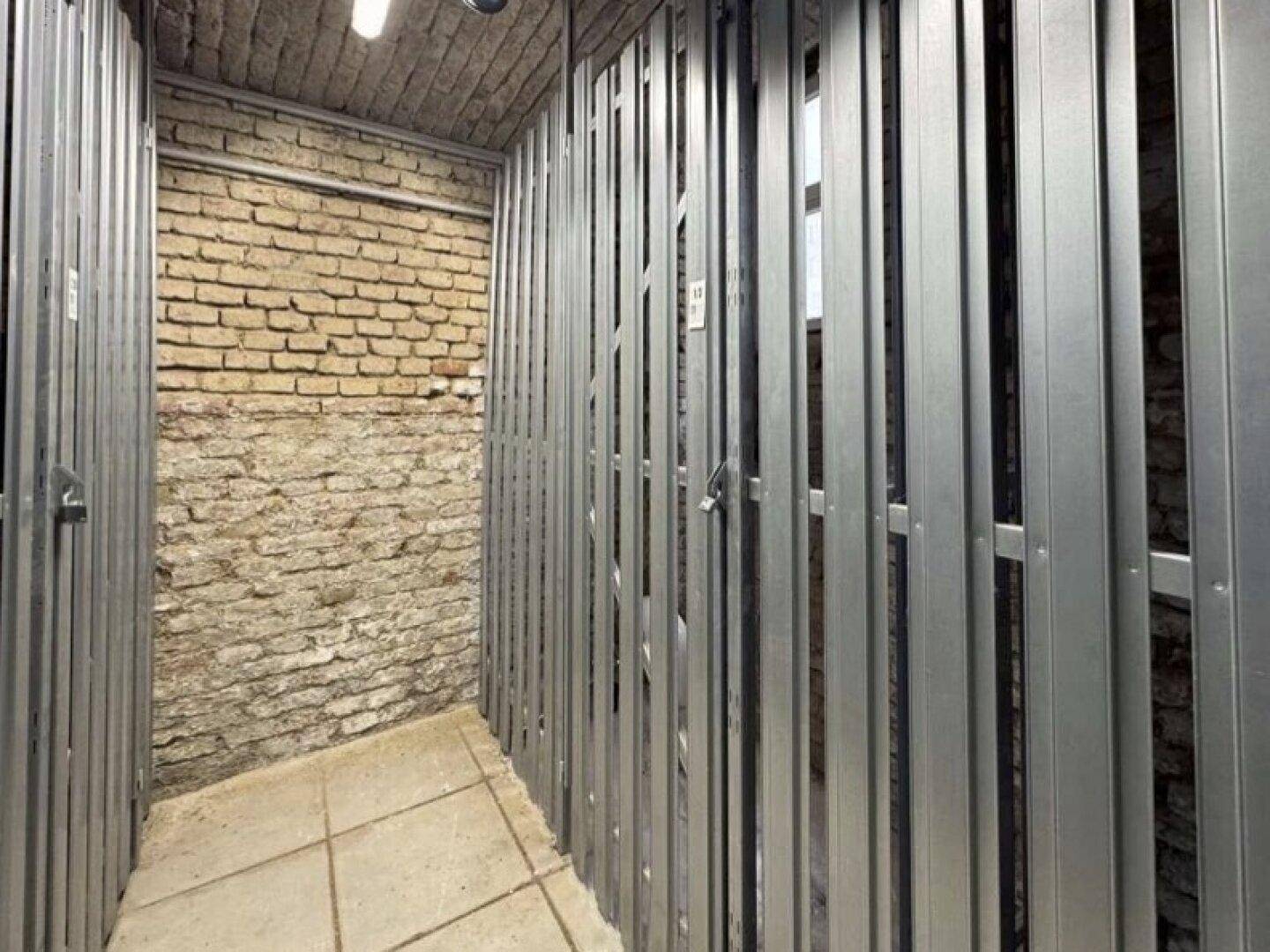 Kellerabteil mit Metallgittern und unverputzten Ziegelwänden, ideal für zusätzlichen Stauraum.