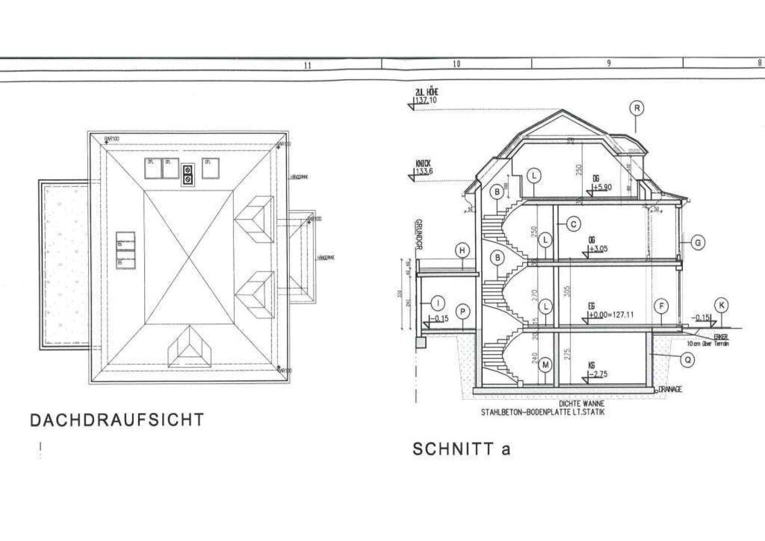 Grundriss mit Dachaufsicht und Gebäudeschnitt, der mehrere Stockwerke, Balkone und ein Kellergeschoss zeigt.