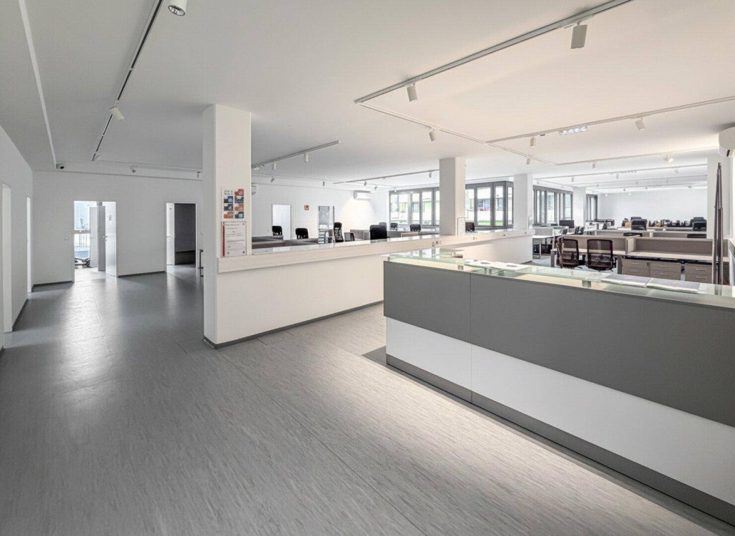 Geräumiges Großraumbüro mit Empfangsbereich, modernen Arbeitsplätzen und viel Tageslicht.