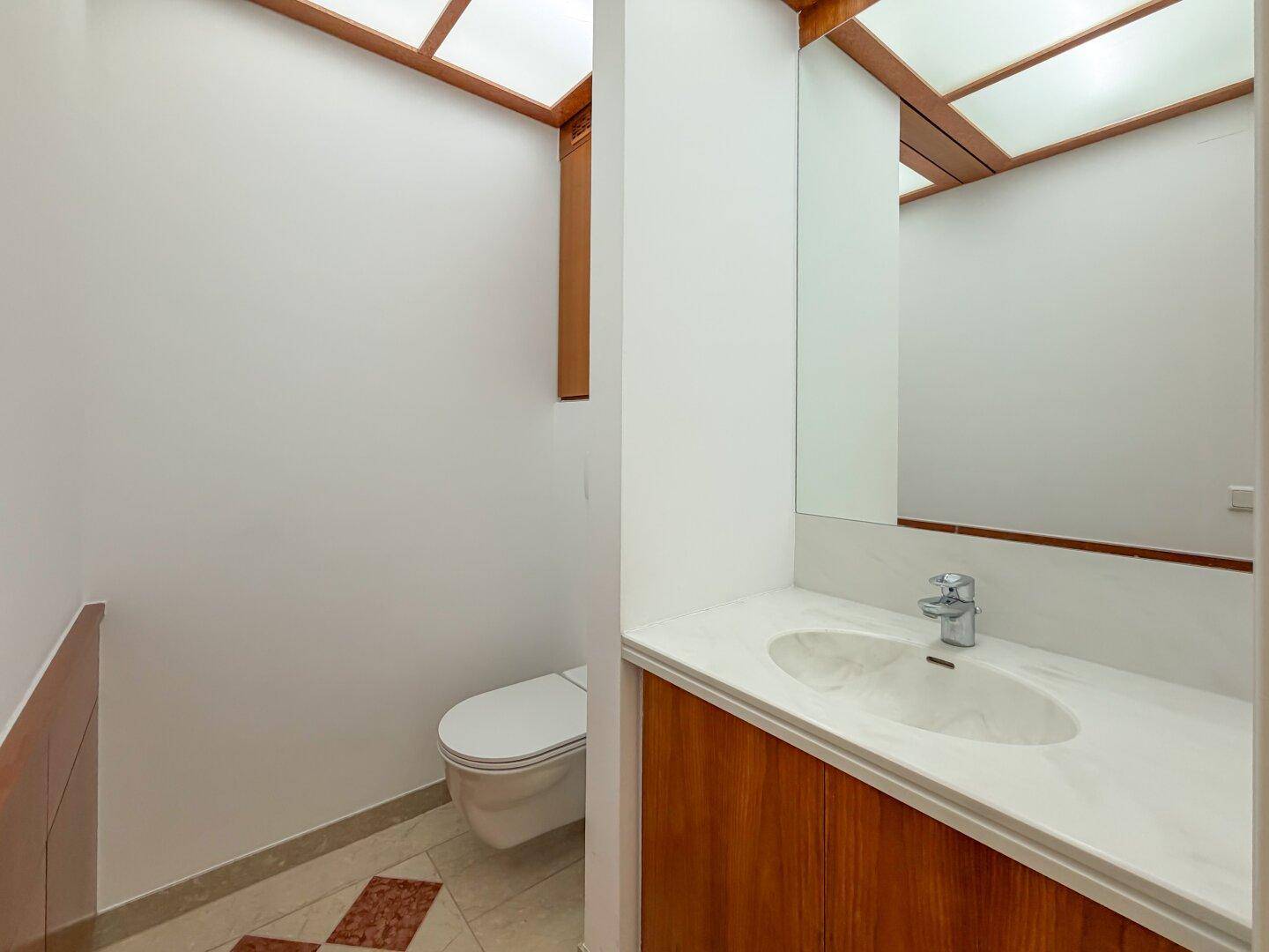 Modernes Gäste-WC mit Wand-WC, Einzelwaschbecken und indirekter Deckenbeleuchtung.