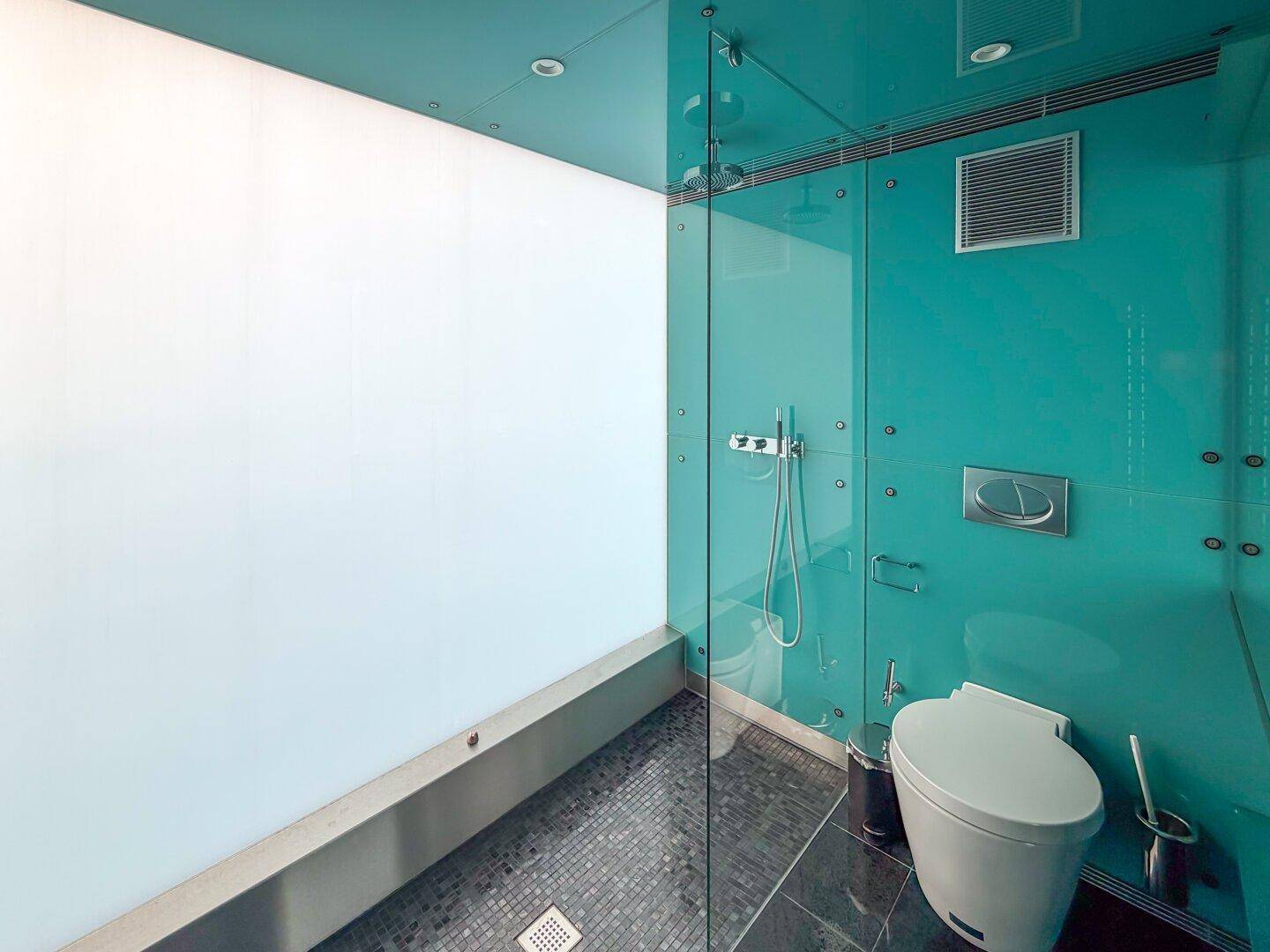 Modernes Badezimmer mit türkisfarbenen Wänden, Duschkabine und wandhängendem WC.