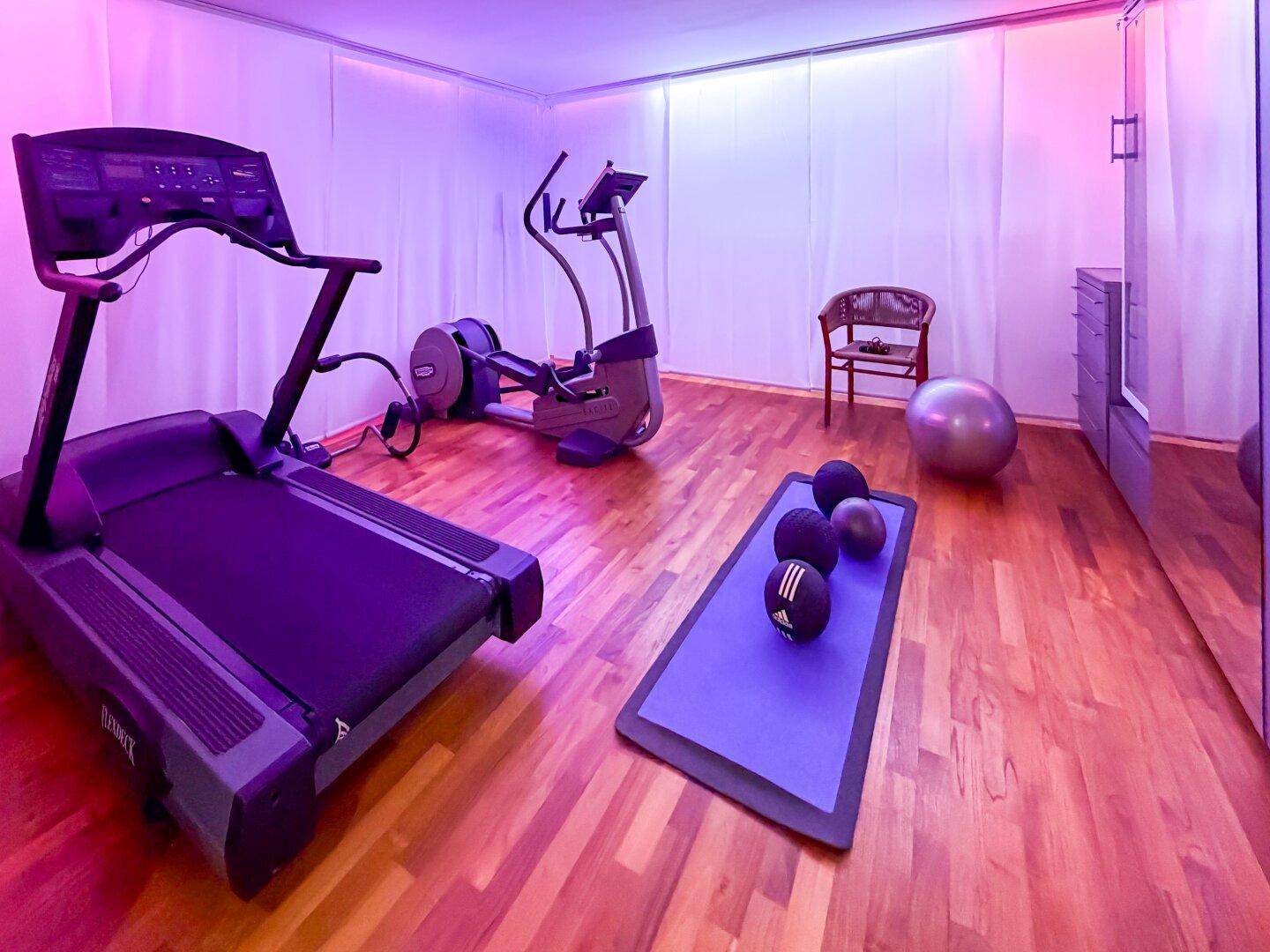 Privater Fitnessraum mit Laufband, Crosstrainer und Holzboden in farbigem Licht.