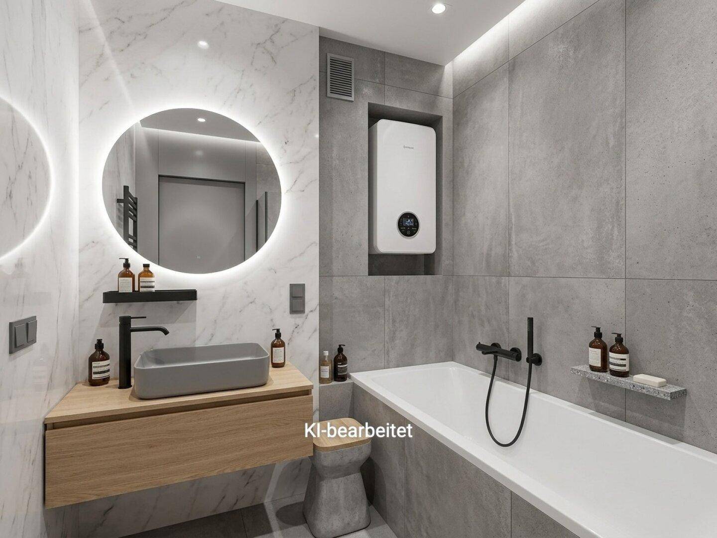Modernes Badezimmer mit Badewanne, schwebendem Waschtisch, beleuchtetem Spiegel und eleganten Fliesen.