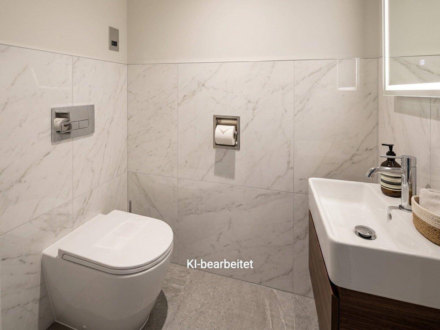 Elegantes Gäste-WC mit wandhängender Toilette, modernem Waschtisch und Marmoroptik-Fliesen.