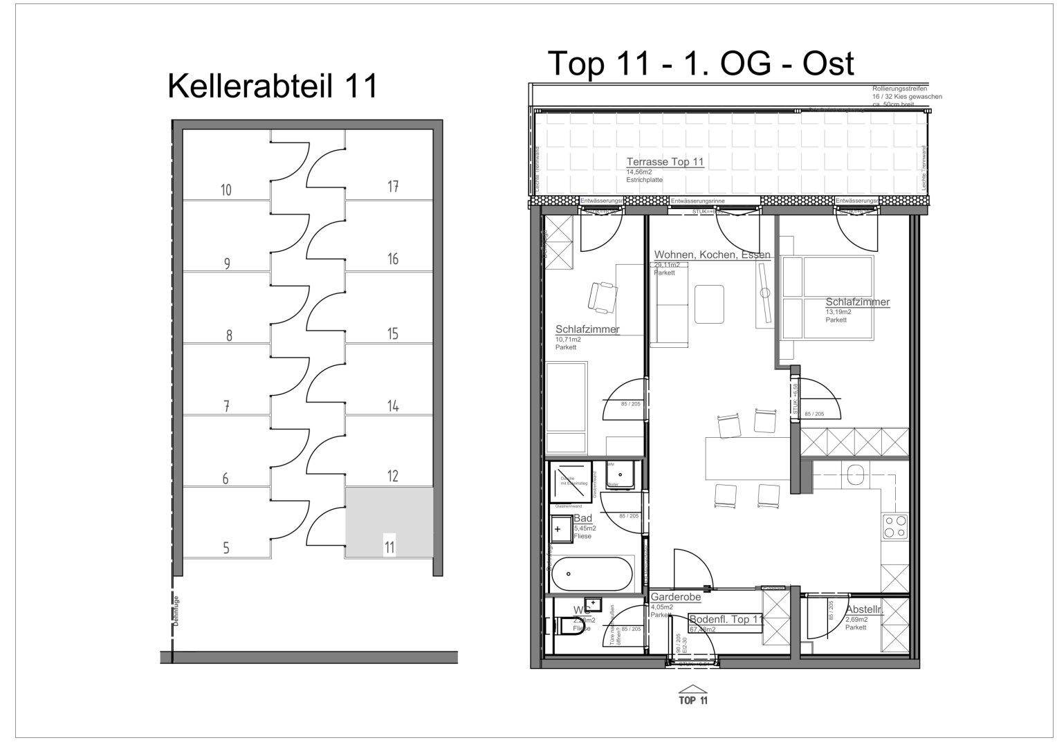 Grundriss des Apartments Top 11 mit Kellerabteil und Terrasse im ersten Obergeschoss.