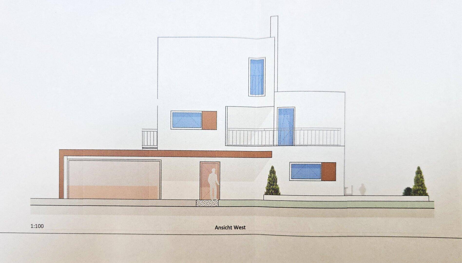 Architektonische Westansicht des Gebäudes im Maßstab 1:100 mit Balkonen und Garage.
