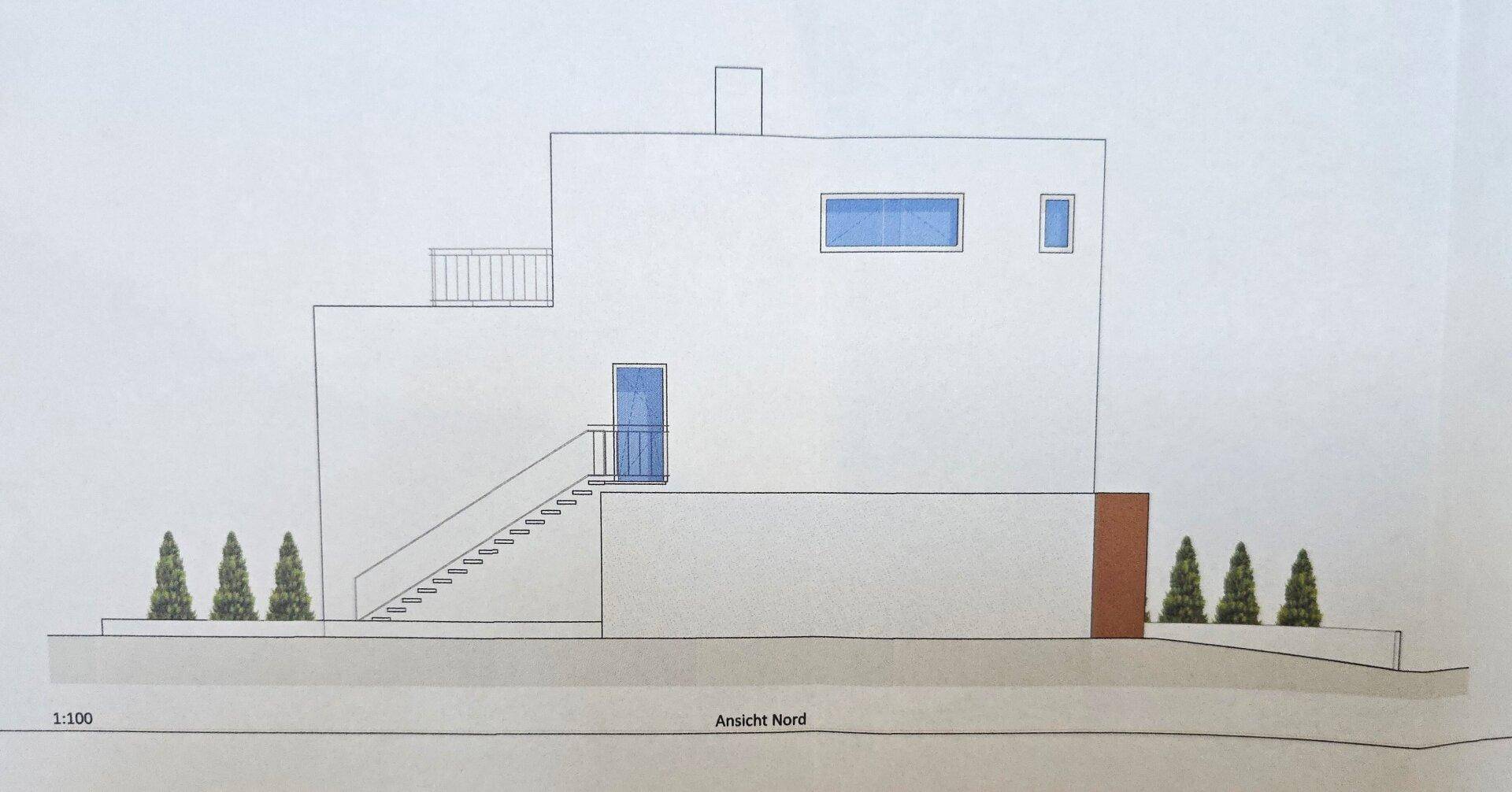 Architektonische Nordansicht des Gebäudes im Maßstab 1:100 mit minimalistischem Design.