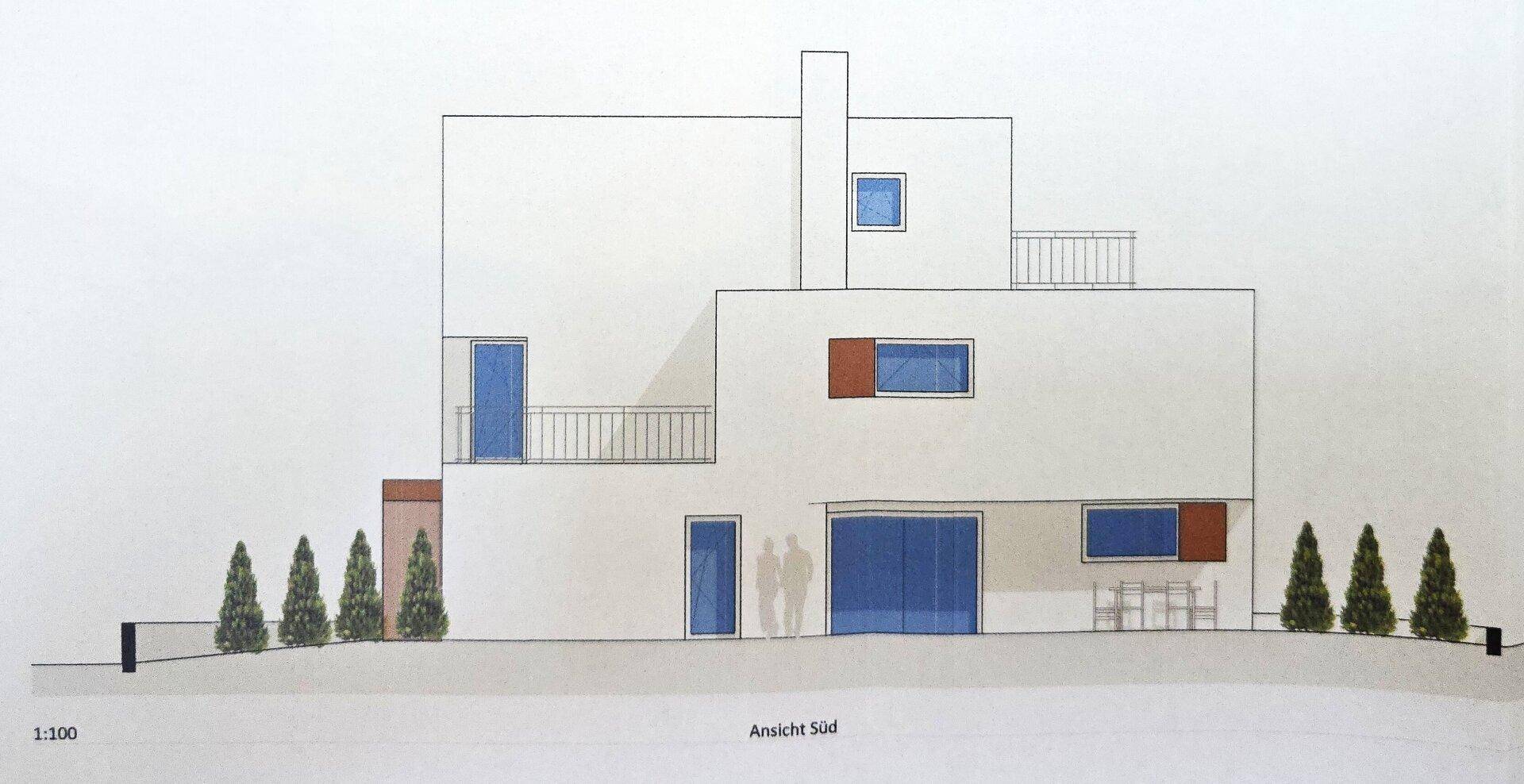 Architektonische Südansicht des Gebäudes im Maßstab 1:100 mit großen Fenstern und Terrasse.