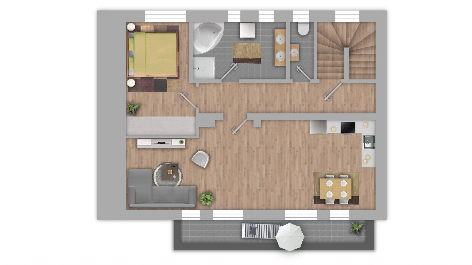 Grundriss des Obergeschosses mit Schlafzimmer, Bad, Wohnbereich und Balkon.