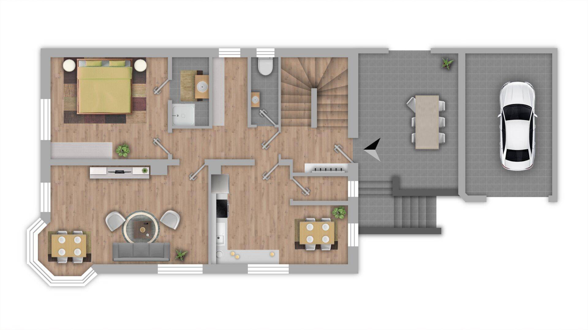 Grundriss des Erdgeschosses mit offenem Wohnbereich, Schlafzimmer, Bad und Garage.