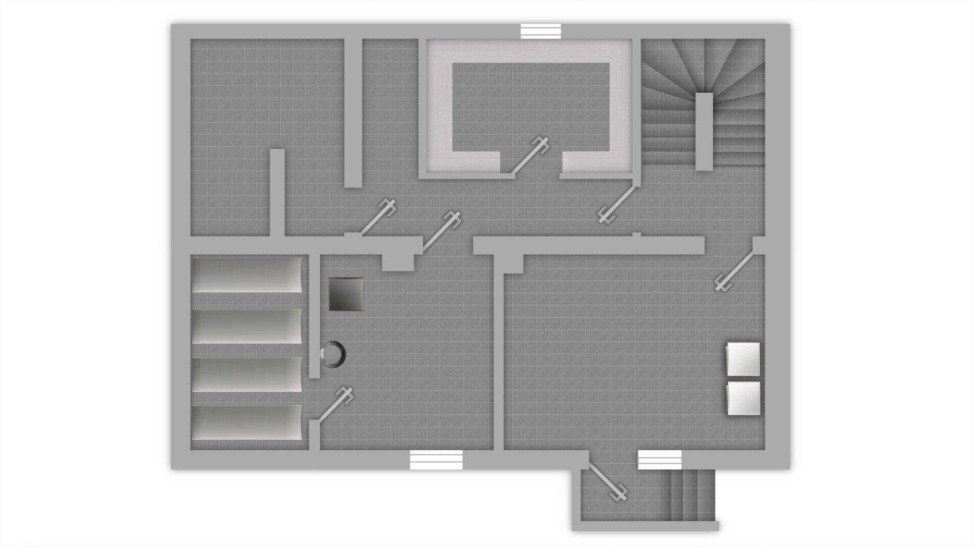 Grundriss des Kellergeschosses mit verschiedenen Abstellräumen und Treppenaufgang.