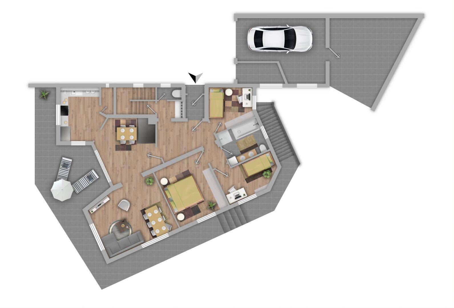 Detaillierter Grundriss des Erdgeschosses mit Wohnbereichen, Schlafzimmern und Garage.