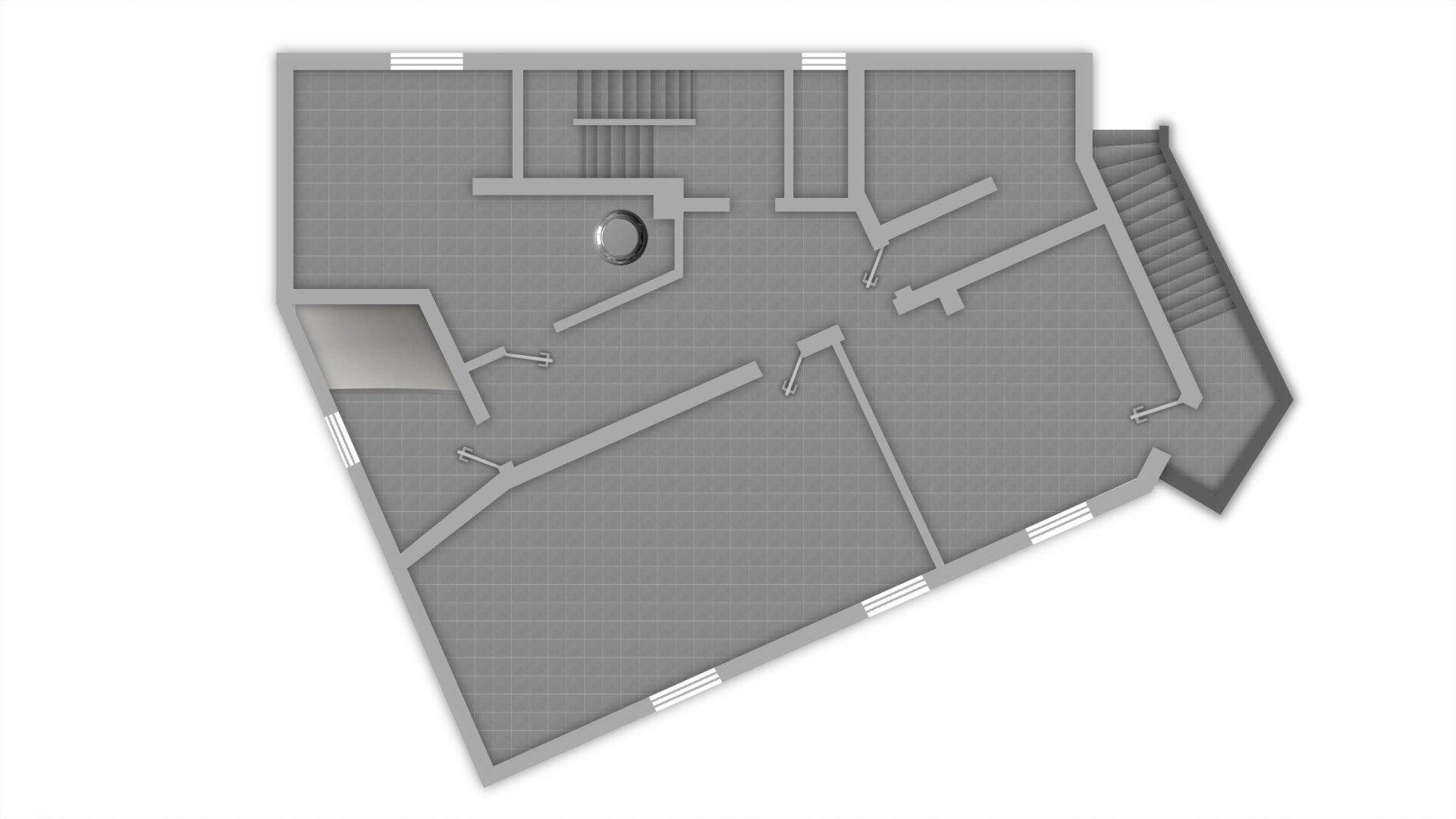 Grundriss des Untergeschosses mit Treppenhaus und verschiedenen Nutzflächen.