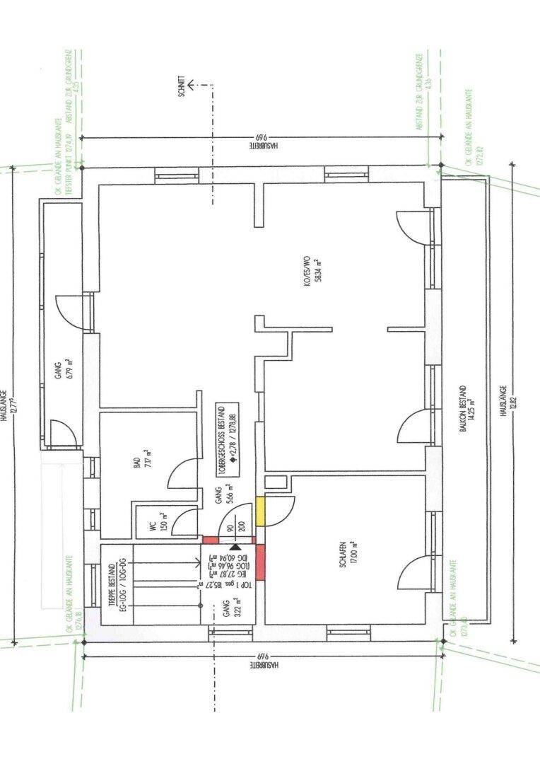 Grundriss des Dachgeschosses mit Schlafzimmer, Bad und Wohnbereich.