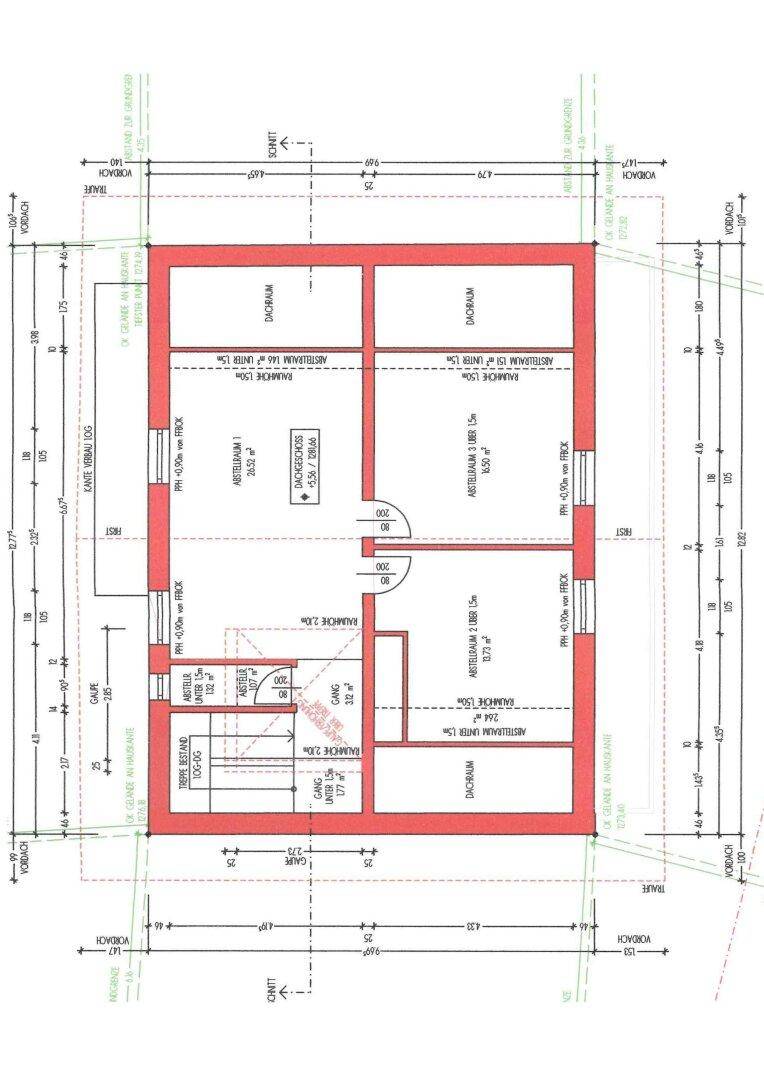 Grundriss des Dachgeschosses mit zwei Zimmern und Abstellraum.