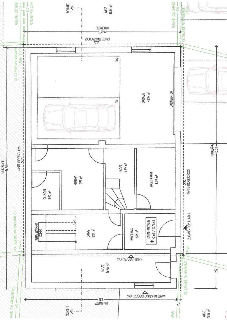 Grundriss des Erdgeschosses mit Garage, Lagerraum und Technikraum.