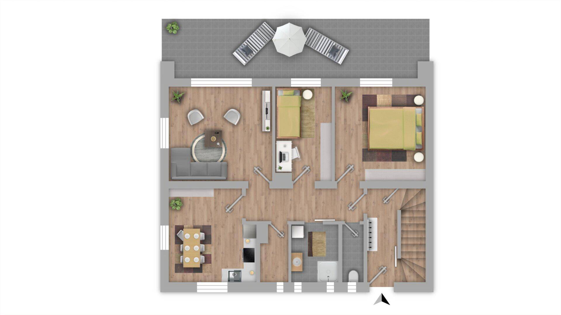 Detaillierter Grundriss mit Möblierung, Terrasse und Treppenhaus.