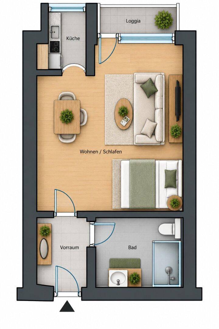 Grundriss einer Wohnung mit Wohn-/Schlafbereich, Küche, Bad und Loggia.