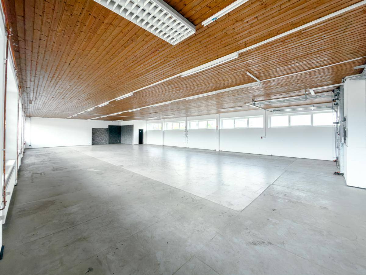Geräumiger, heller Lagerraum mit Holzdecke, Betonboden und langen Fensterreihen für viel Tageslicht.