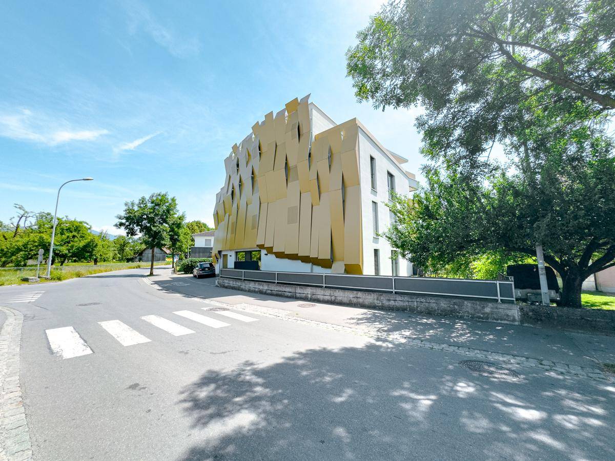 Modernes Gebäude mit markanter Fassade an einer ruhigen Straße mit Bäumen.