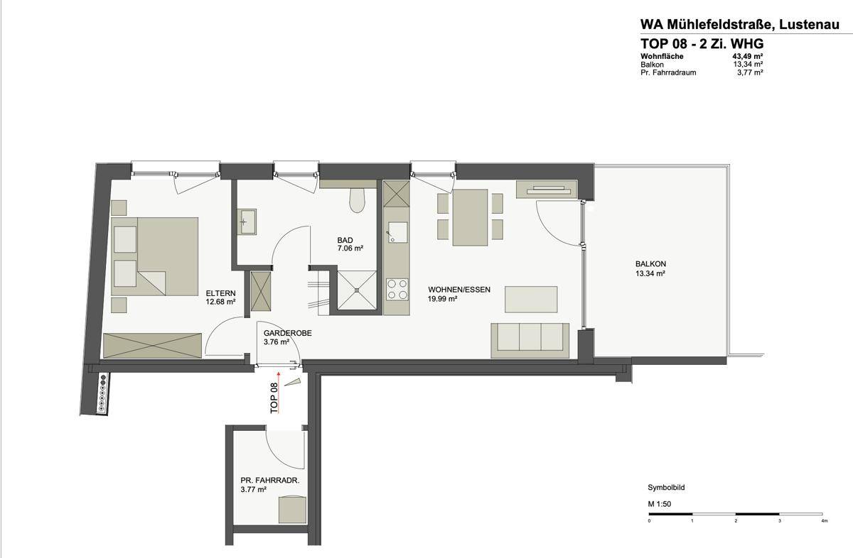 Grundriss der Wohnung TOP 08 mit Wohn-Essbereich, Schlafzimmer, Bad und großem Balkon.