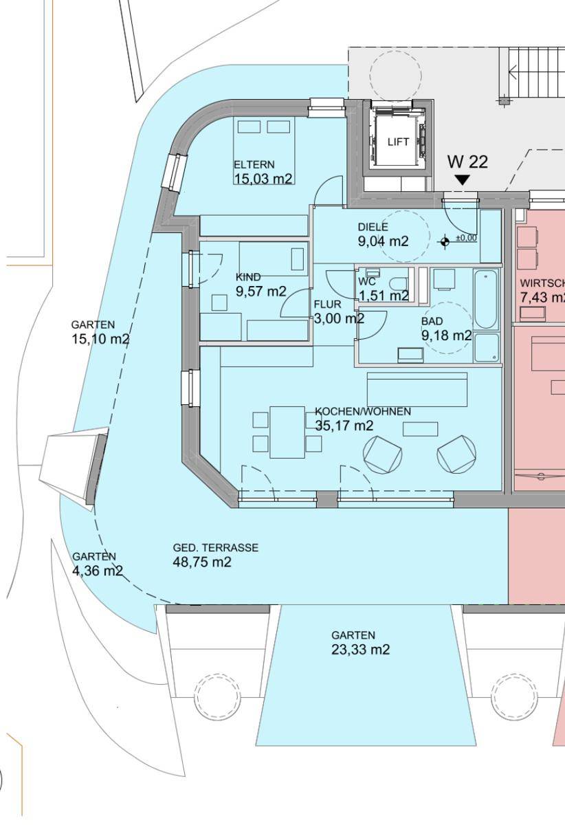 Detaillierter Grundriss einer Wohnung mit Küche, Wohnbereich, Schlafzimmern und Terrasse.