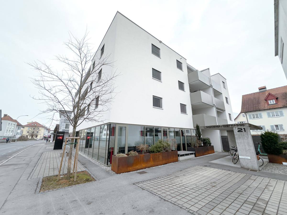 Gebäudeeingang mit moderner Architektur, Pflanzkübeln und Zugang zur Tiefgarage.