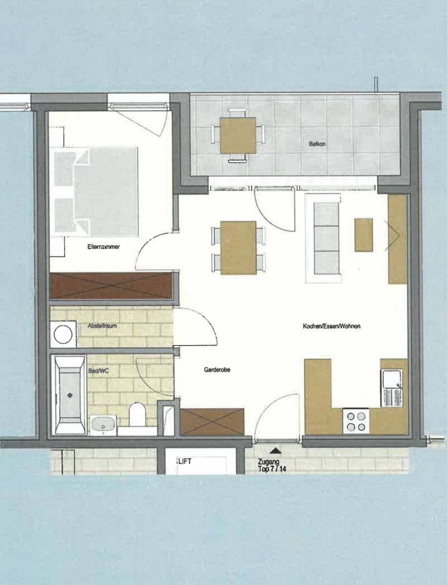 Grundriss einer Wohnung mit offenem Wohnbereich, Schlafzimmer und Balkon.