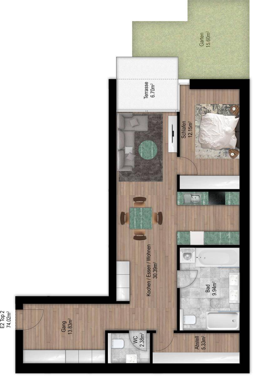 Grundriss einer Wohnung mit offenem Wohn-Ess-Kochbereich, Schlafzimmer, Bad, WC und Terrasse mit Garten.