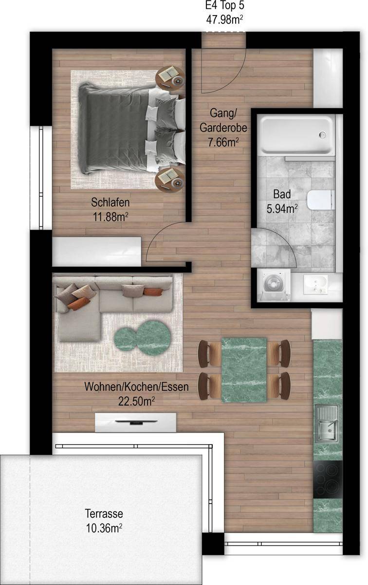 Grundriss einer Wohnung mit Schlafzimmer, Bad, offener Wohnküche und einer großzügigen Terrasse.