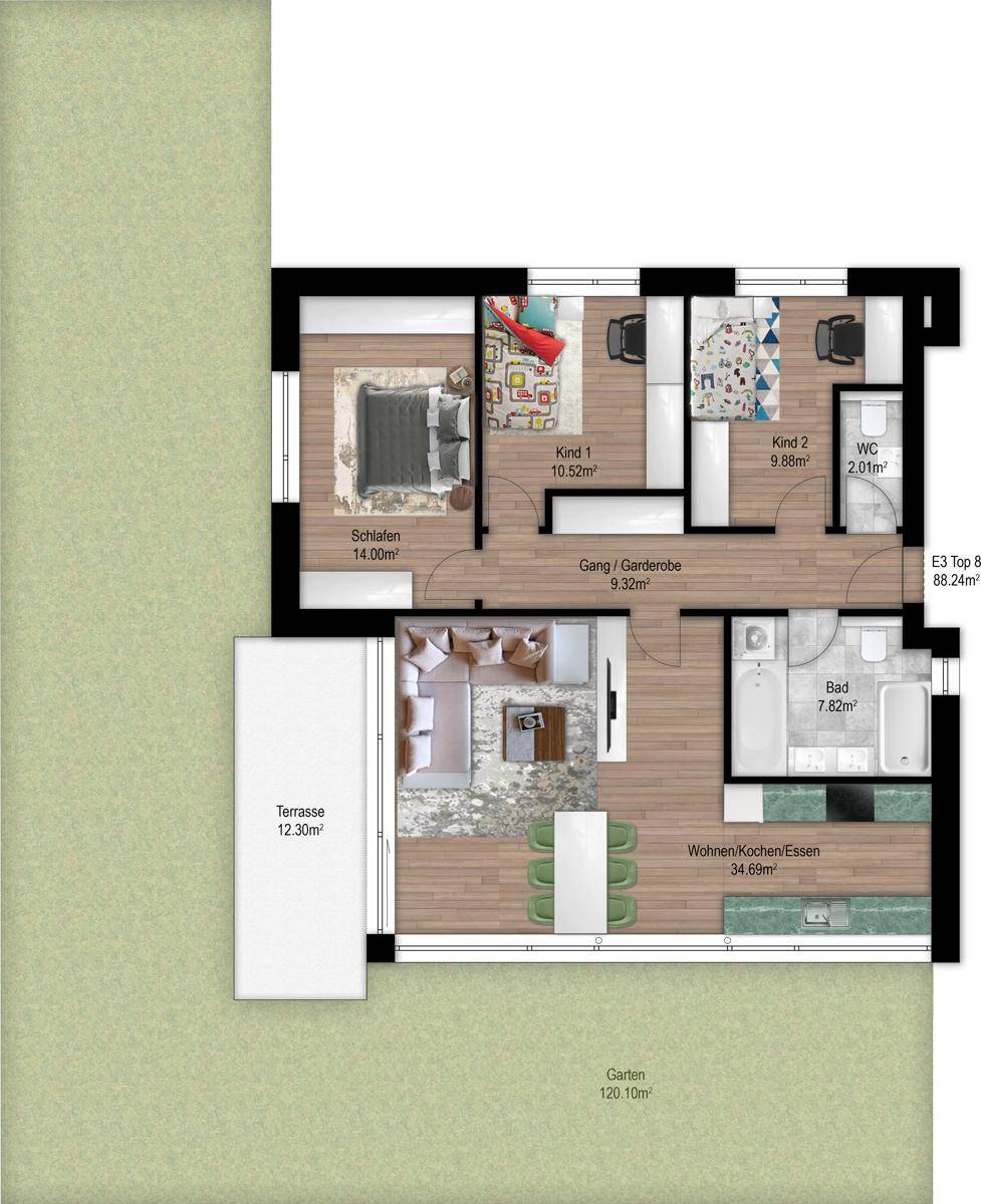 Grundriss einer Wohnung mit Schlafzimmer, Kinderzimmern, offenem Wohnbereich und Terrasse mit Garten.
