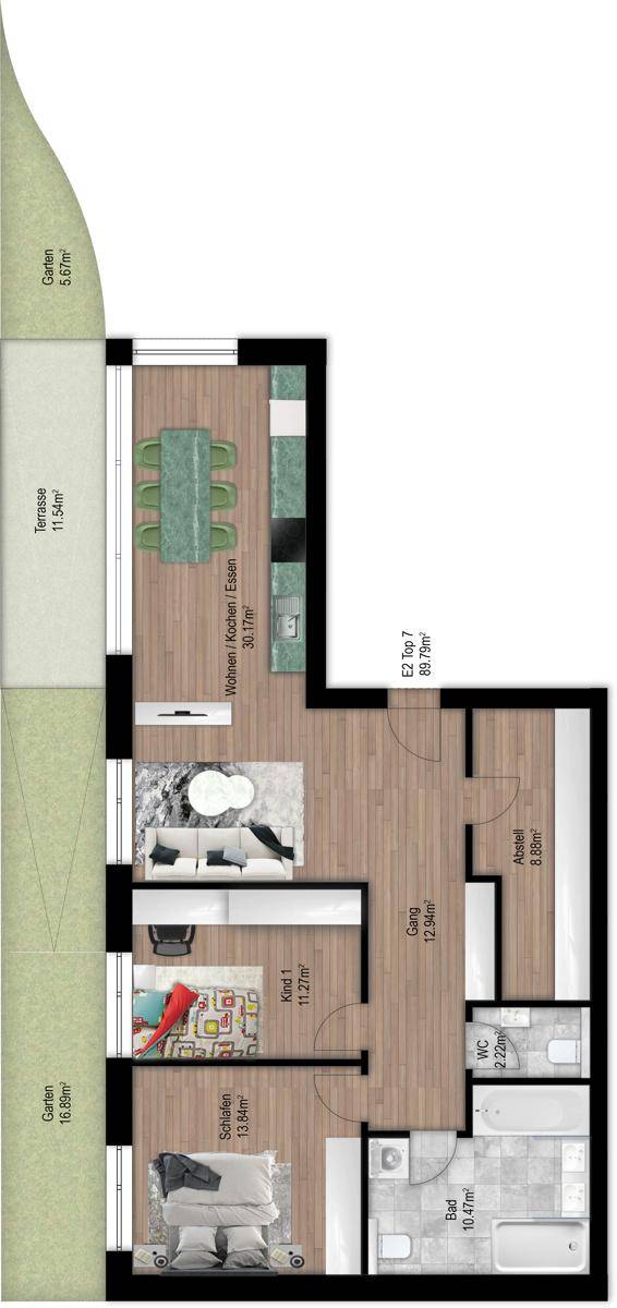 Grundriss einer Wohnung mit offenem Wohnbereich, Schlafzimmer, Kinderzimmer, Bad, WC, Terrasse und Garten.