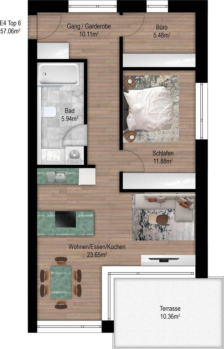 Grundriss einer Wohnung mit offenem Wohnbereich, Schlafzimmer, Bad, Büro und Terrasse.