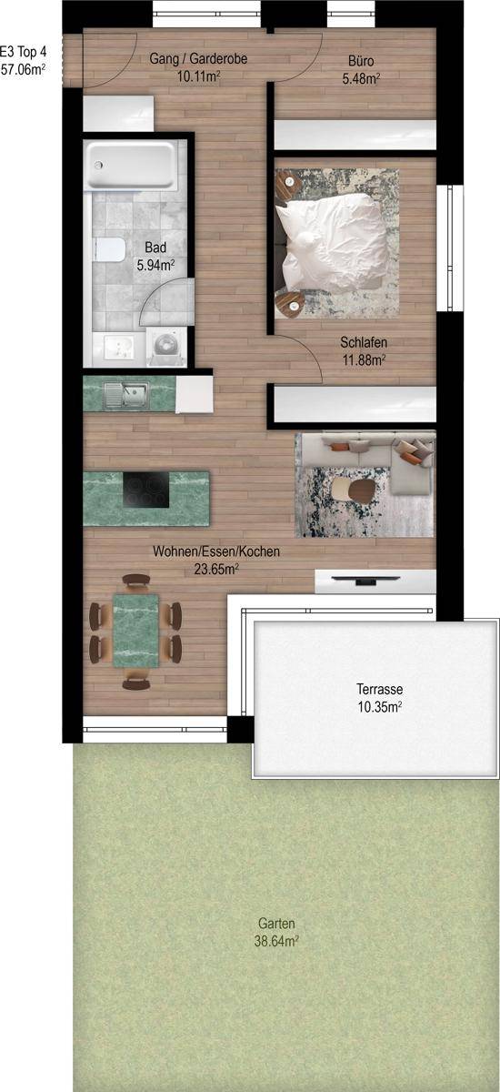 Grundriss einer Wohnung mit Wohn-Ess-Kochbereich, Schlafzimmer, Bad, Terrasse und Garten.