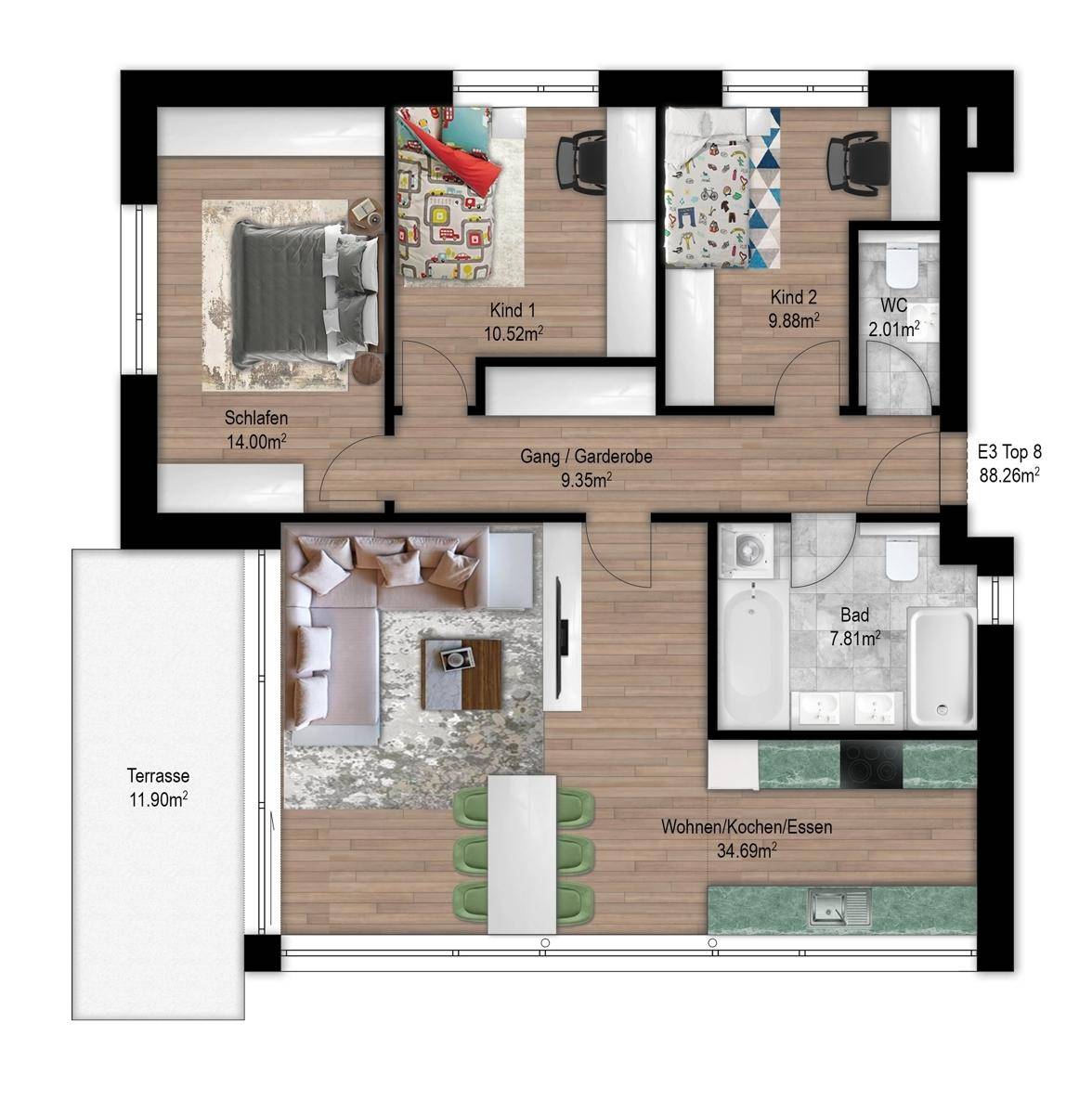 Grundriss der Wohnung E3 Top 8 mit drei Schlafzimmern, offenem Wohnbereich und Terrasse.