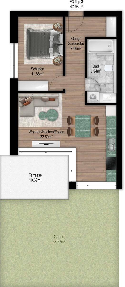 Detaillierter Grundriss einer Wohnung mit Schlafzimmer, Bad, offenem Wohnbereich, Terrasse und Garten.