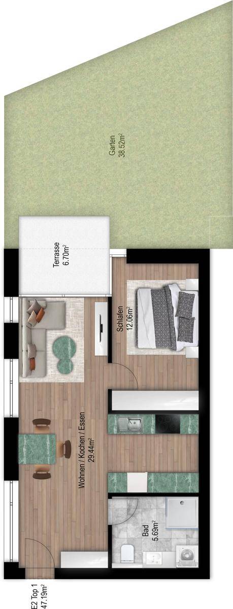 Grundriss einer Wohnung mit offenem Wohnbereich, Schlafzimmer, Terrasse und Garten.