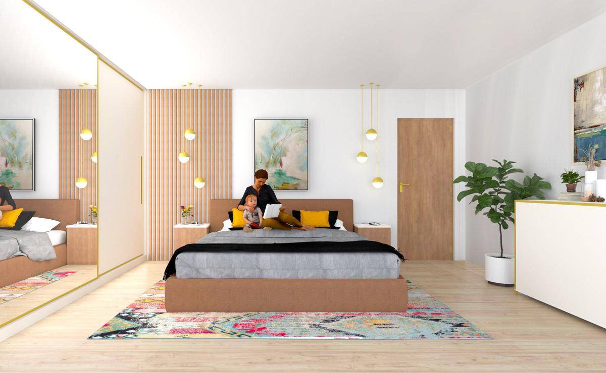 Modernes Schlafzimmer mit großem Bett, farbenfrohem Teppich und integrierten Spiegelschränken.