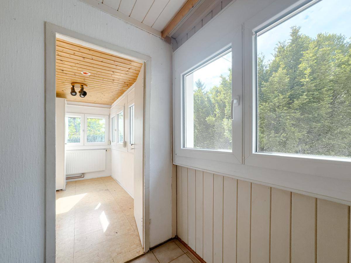 Heller Eingangsbereich mit großen Fenstern und Holzverkleidung, der zu weiteren Räumen führt.