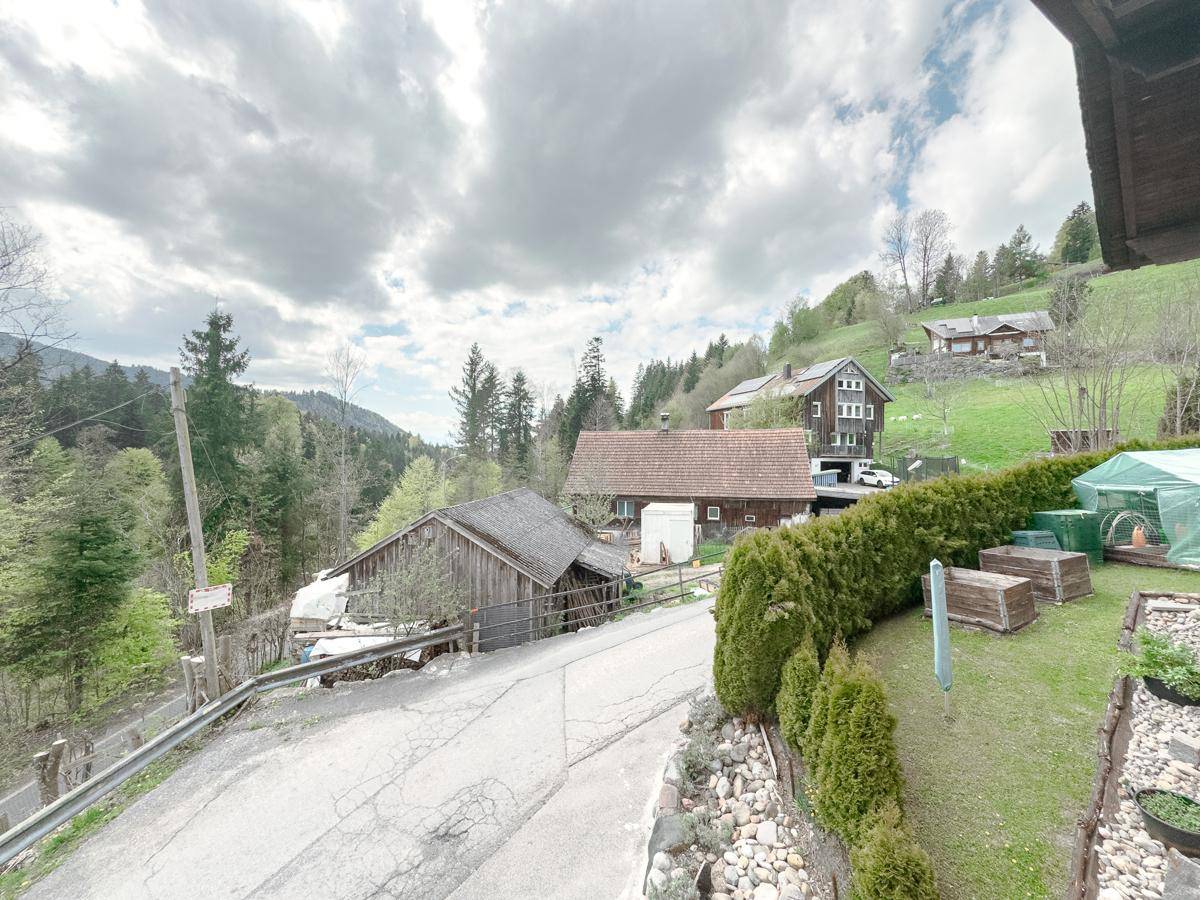 Blick auf die ländliche Umgebung mit weiteren Häusern, einer Straße und grünen Hecken.