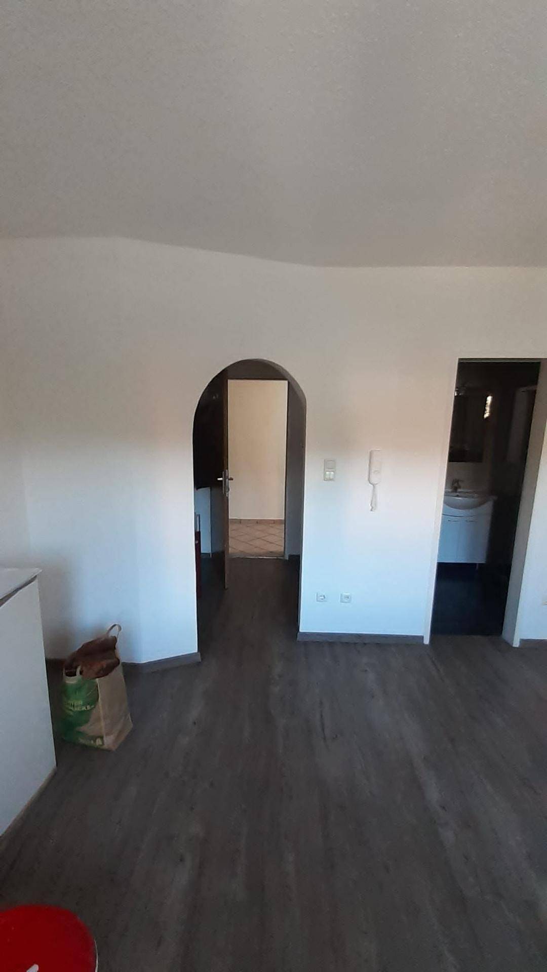 Heller Flur mit Laminatboden, einem Rundbogen und Zugang zu weiteren Räumen, inklusive Bad.
