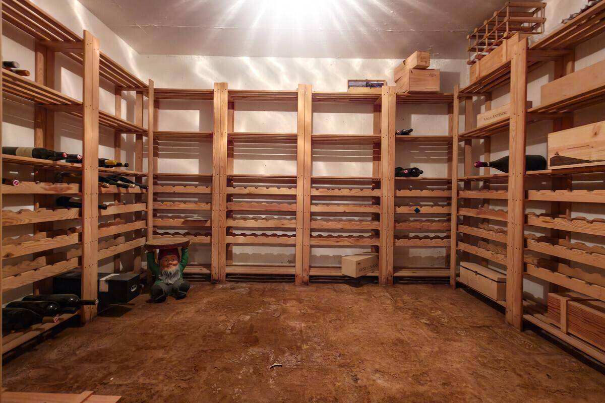 Geräumiger Weinkeller mit Holzregalen und zahlreichen Flaschenlagerplätzen für Weinliebhaber.