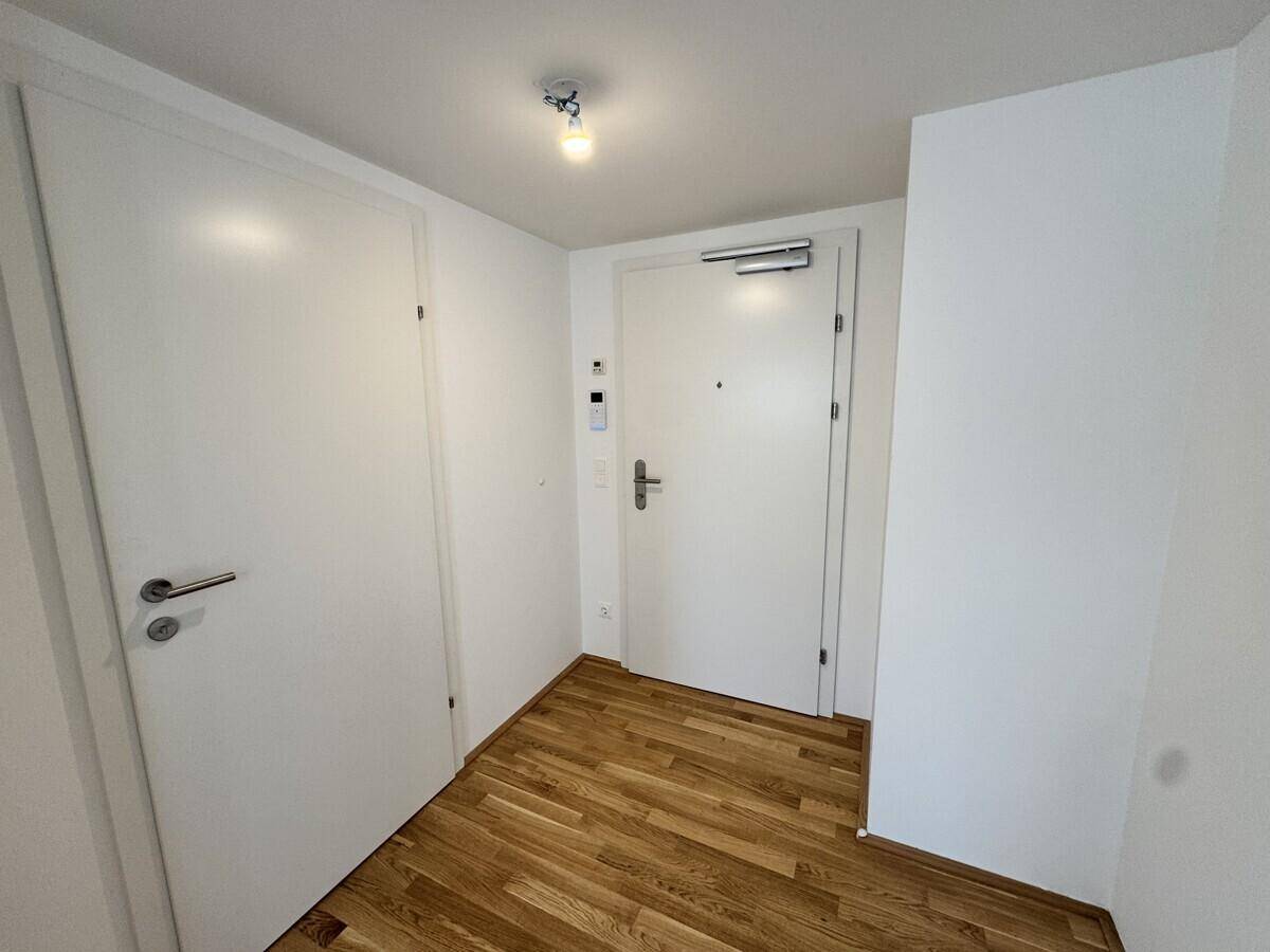 Heller Eingangsbereich mit Holzboden und weiß gestrichenen Wänden.