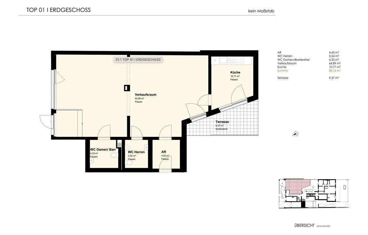 Grundriss für TOP 01 im Erdgeschoss mit Verkaufsraum, Küche, Toiletten und einer Terrasse.