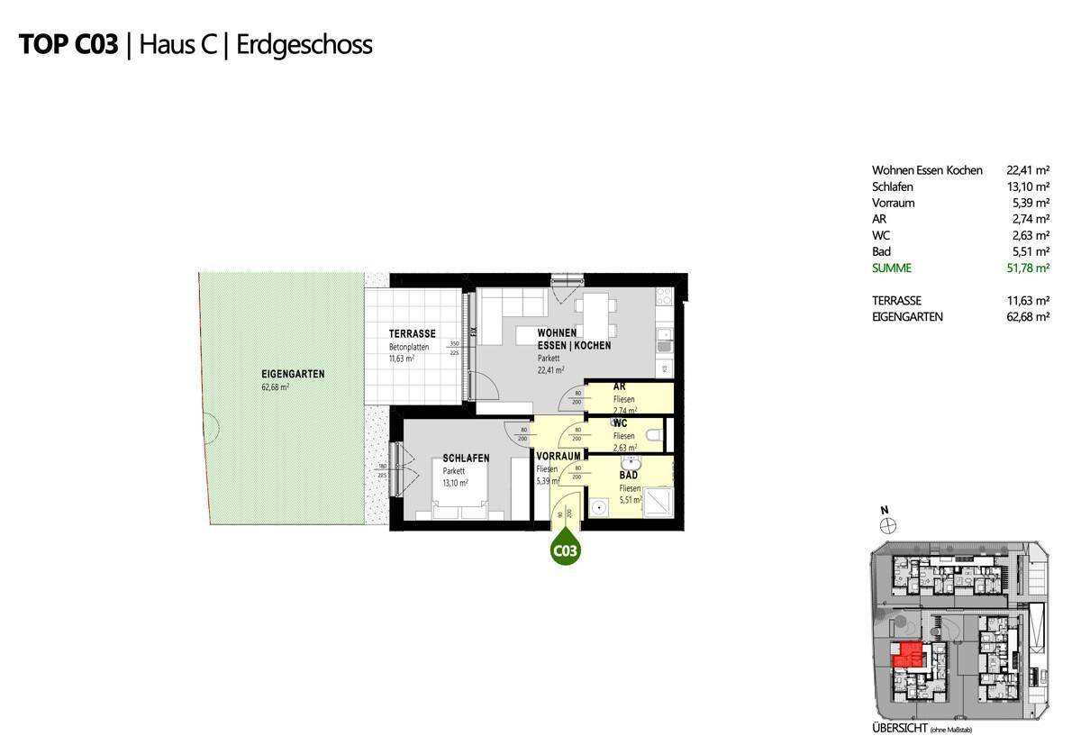 Grundriss des Erdgeschosses von Haus C mit Wohn-Ess-Kochbereich, Schlafzimmer, Bad, WC, Terrasse und Eigengarten.