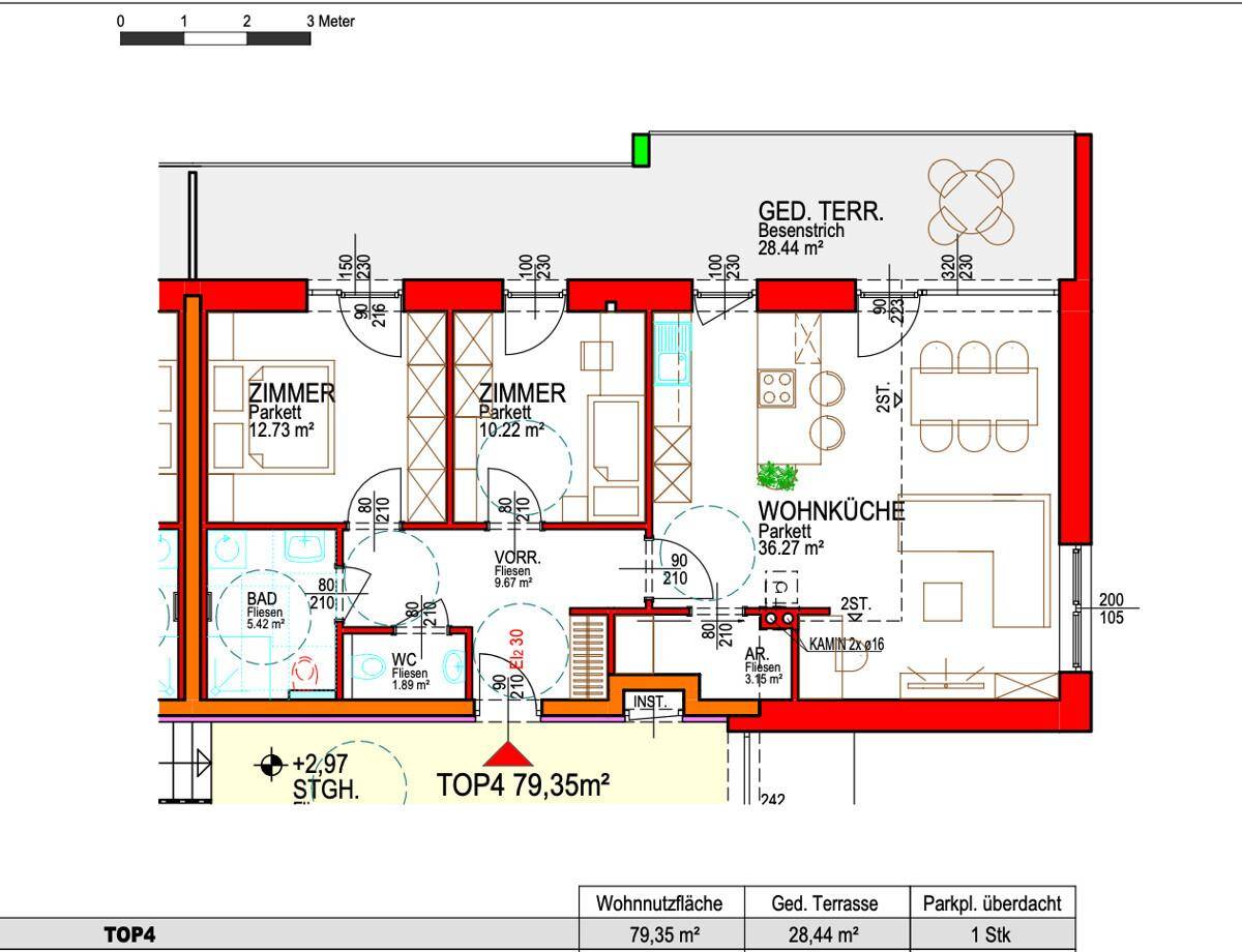 Detaillierter Grundriss einer Wohnung mit Wohnküche, zwei Zimmern und großer Terrasse.