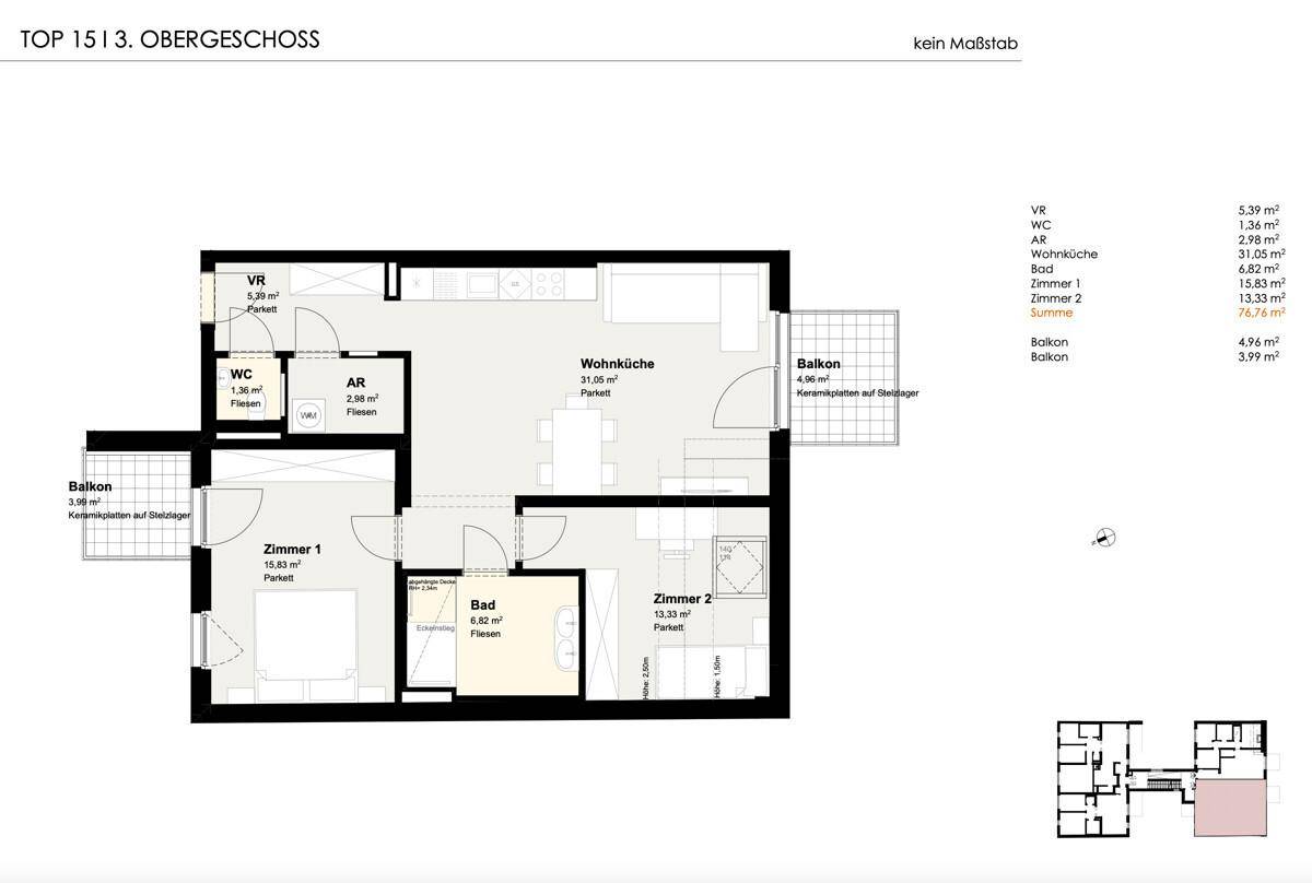 Grundriss der Wohnung TOP 15 im 3. Obergeschoss mit zwei Balkonen und offenem Wohnbereich.
