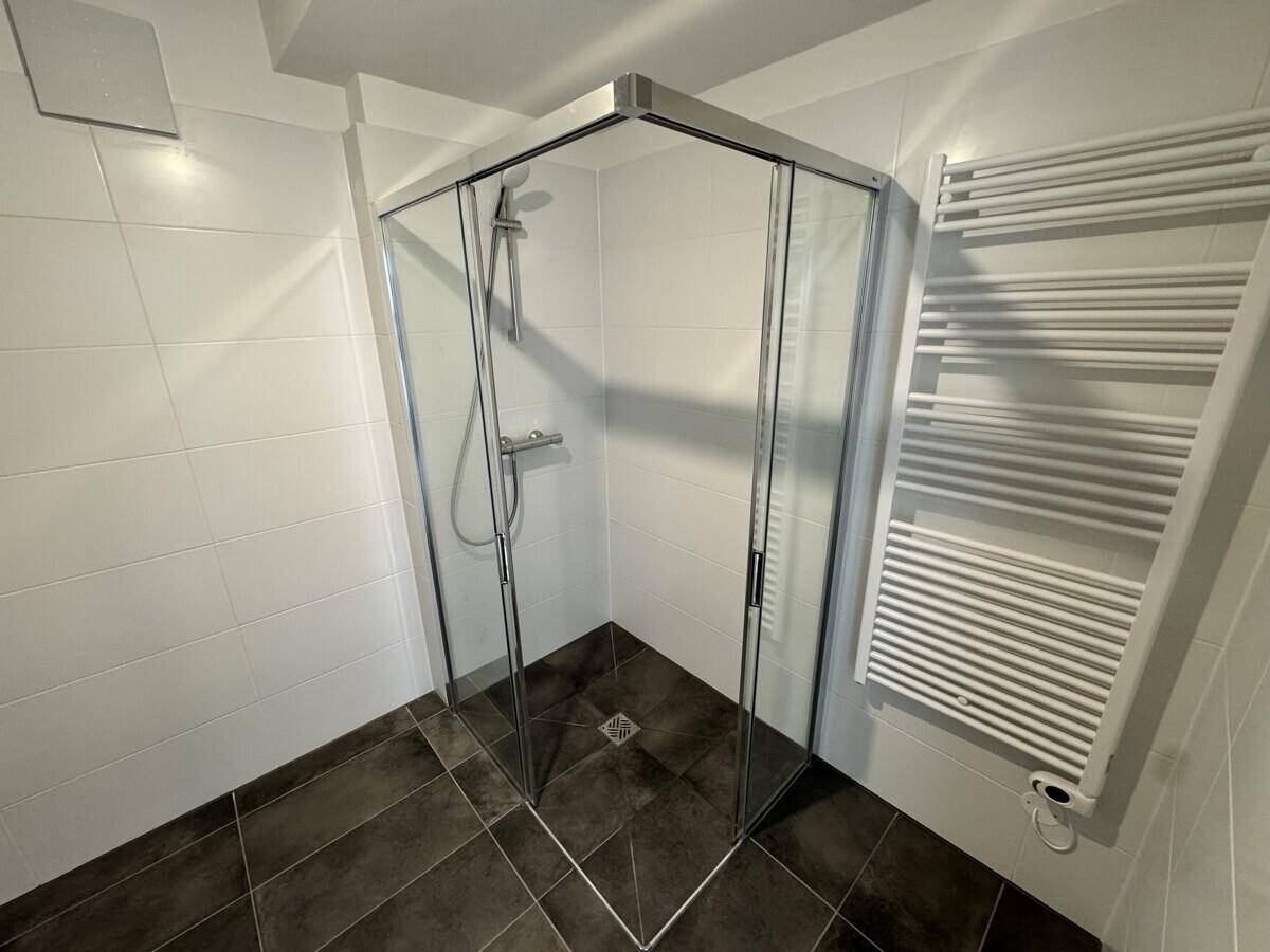 Modernes Badezimmer mit Duschkabine, dunklen Fliesen und einem praktischen Handtuchheizkörper.