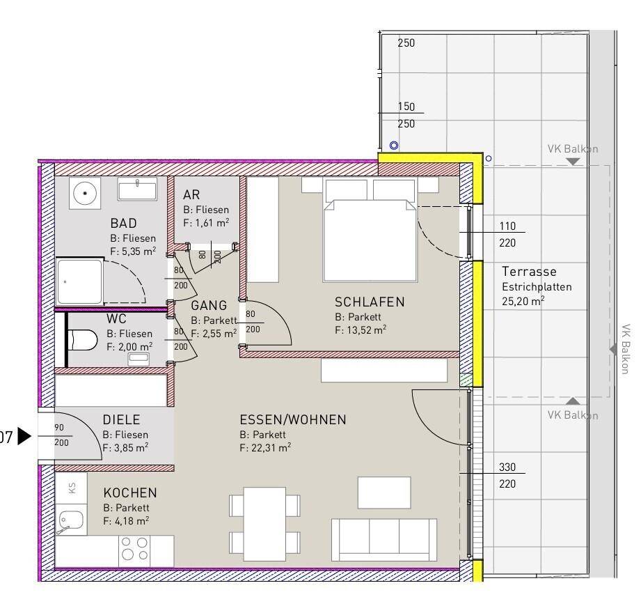 Grundriss der Wohnung mit Schlafzimmer, Wohnbereich, Küche und Terrasse.