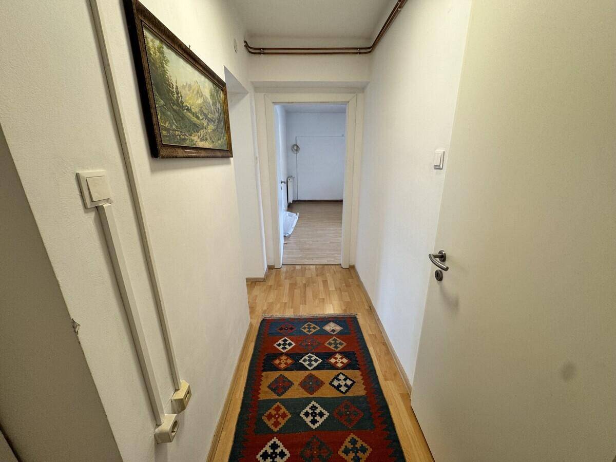Heller Flur mit Laminatboden, Teppichläufer und Zugang zu weiteren Räumen.